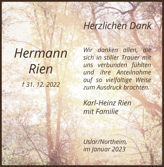 Todesanzeige von Hermann Rien von HNA