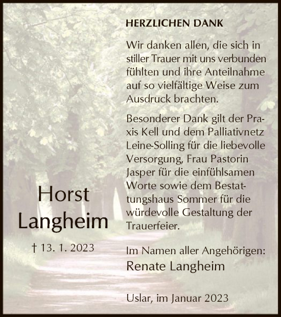 Todesanzeige von Horst Langheim von HNA