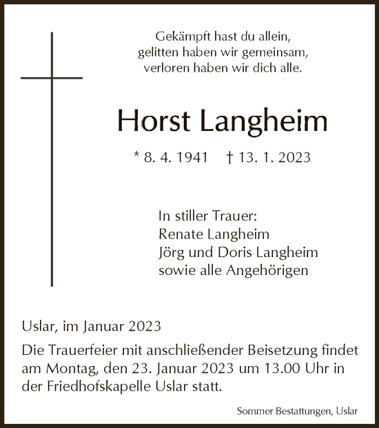 Todesanzeige von Horst Langheim von HNA