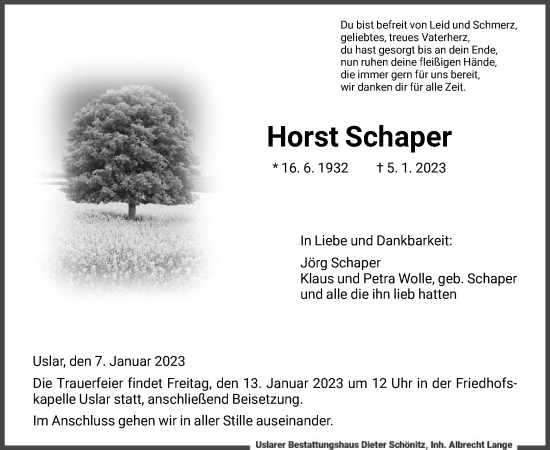 Todesanzeige von Horst Schaper von HNA