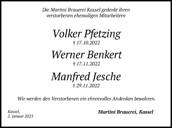 Todesanzeige von Im Gedenken Martini Brauerei Kassel von HNA