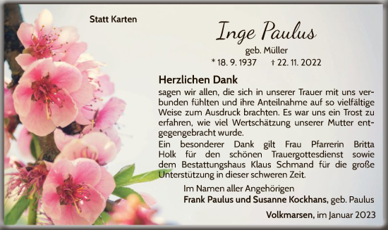 Todesanzeige von Inge Paulus von WLZ