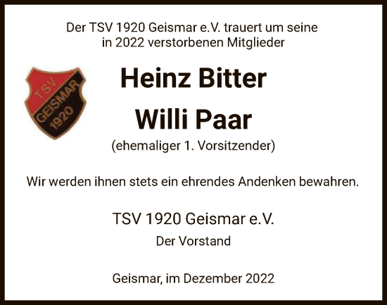 Todesanzeige von In Gedenken  von HNA