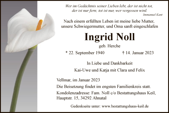 Todesanzeige von Ingrid Noll von HNA