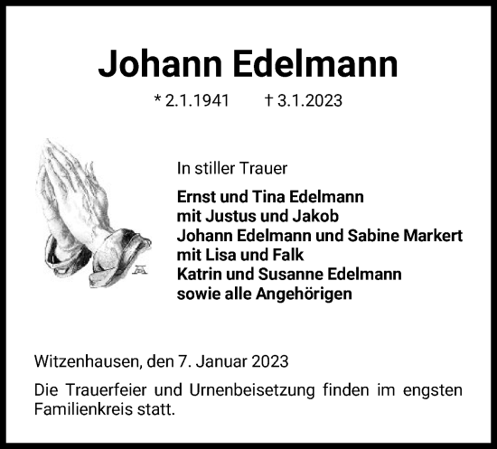 Todesanzeige von Johann Edelmann von HNA