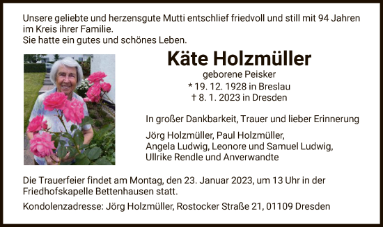 Todesanzeige von Käte Holzmüller von HNA