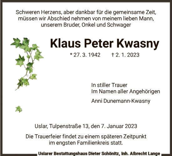 Todesanzeige von Klaus Peter Kwasny von HNA