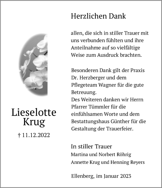 Todesanzeige von Lieselotte Krug von HNA