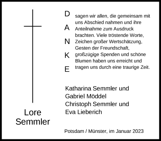 Todesanzeige von Lore Semmler von HNA