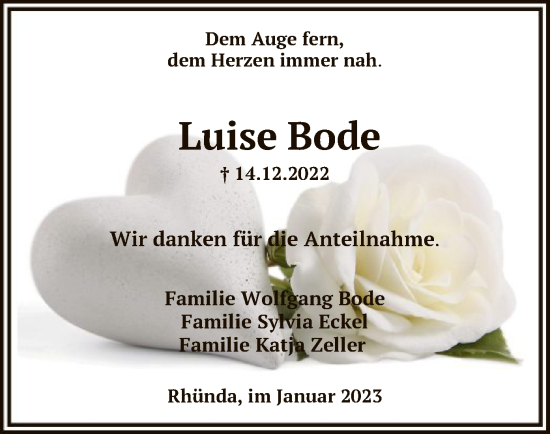 Todesanzeige von Luise Bode von HNA