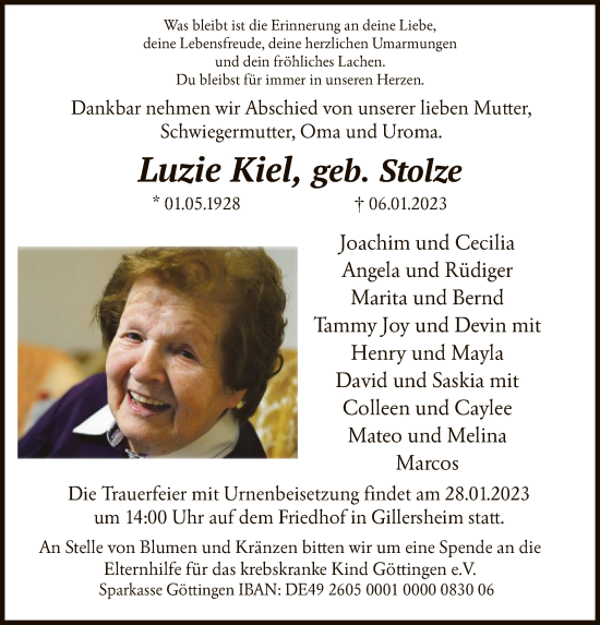 Todesanzeige von Luzie Kiel von HNA