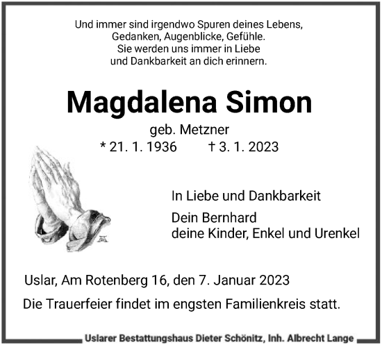 Todesanzeige von Magdalena Simon von HNA