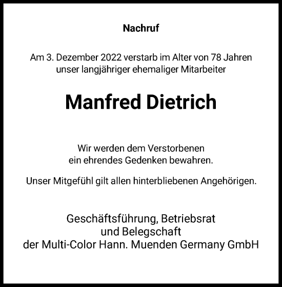 Todesanzeige von Manfred Dietrich von HNA