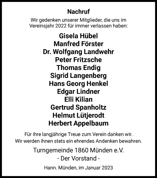 Todesanzeige von Nachruf Turngemeinde 1860 Münden e.V. von HNA