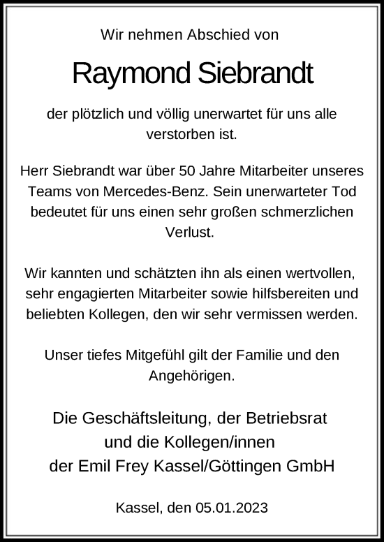 Todesanzeige von Raymond Siebrandt von HNA