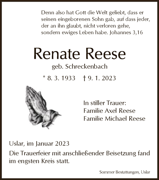 Todesanzeige von Renate Reese von HNA