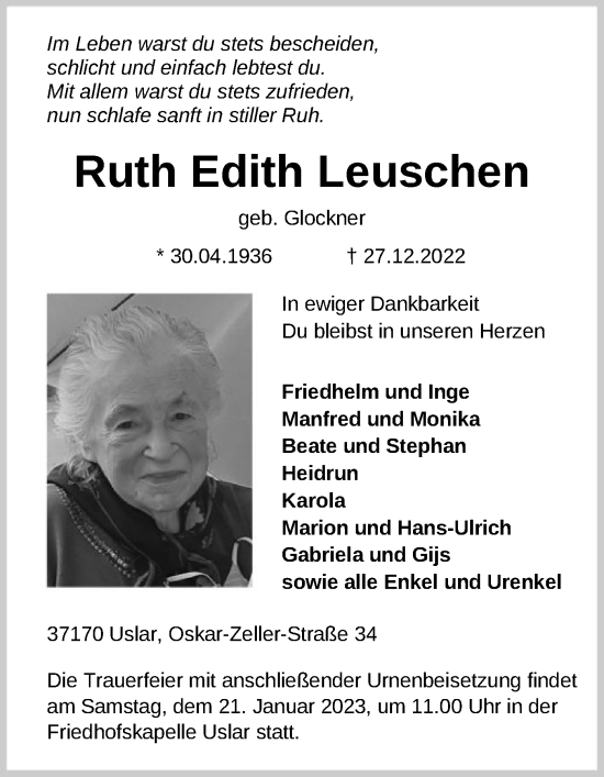 Todesanzeige von Ruth Edith Leuschen von HNA