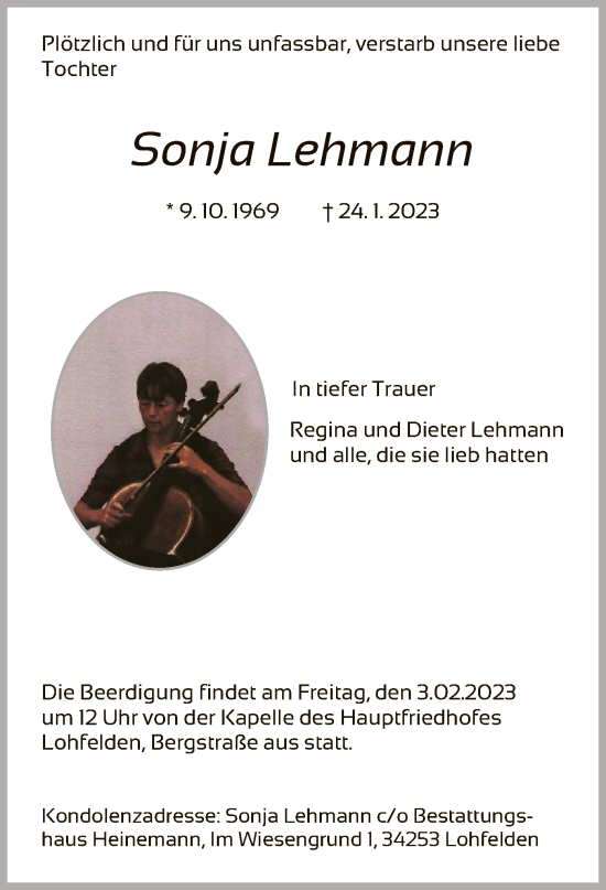 Todesanzeige von Sonja Lehmann von HNA
