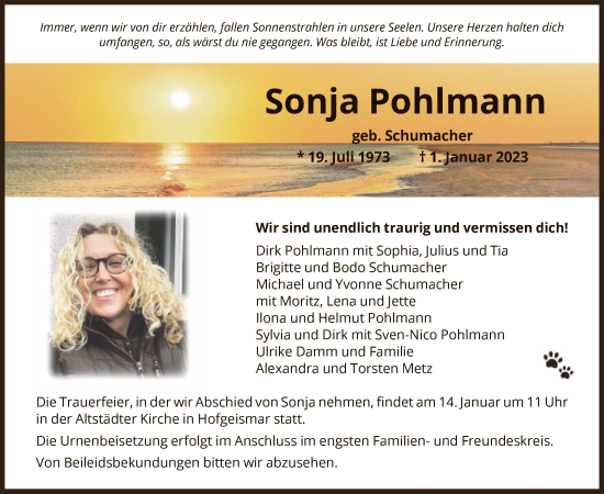Todesanzeige von Sonja Pohlmann von HNA