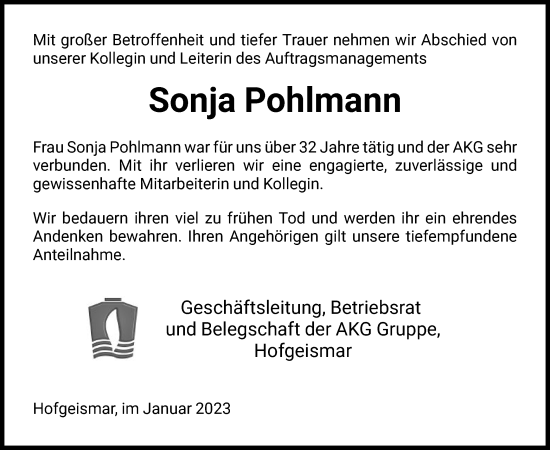 Todesanzeige von Sonja Pohlmann von HNA