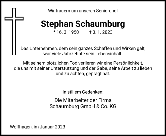 Todesanzeige von Stephan Schaumburg von HNA
