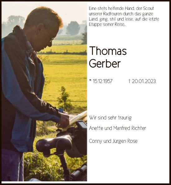 Todesanzeige von Thomas Gerber von HNA