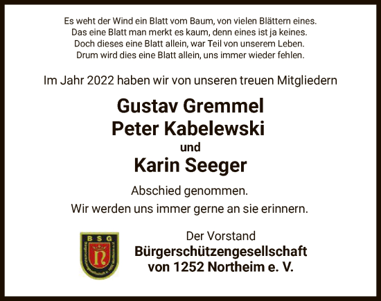 Todesanzeige von Trauertafel von der Bürgerschützgesellschaft von 1252 Northeim e.V. von HNA