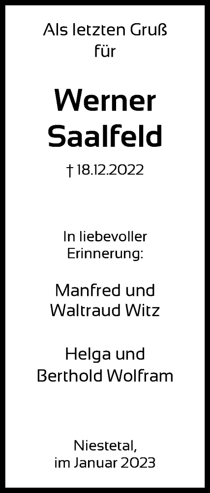 Todesanzeige von Werner Saalfeld von HNA