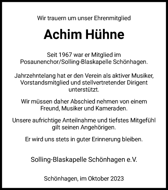 Todesanzeige von Achim Hühne von HNA