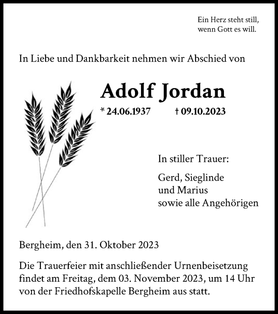 Todesanzeige von Adolf Jordan von HNA