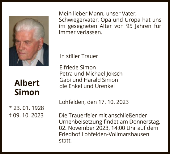 Todesanzeige von Albert Simon von HNA