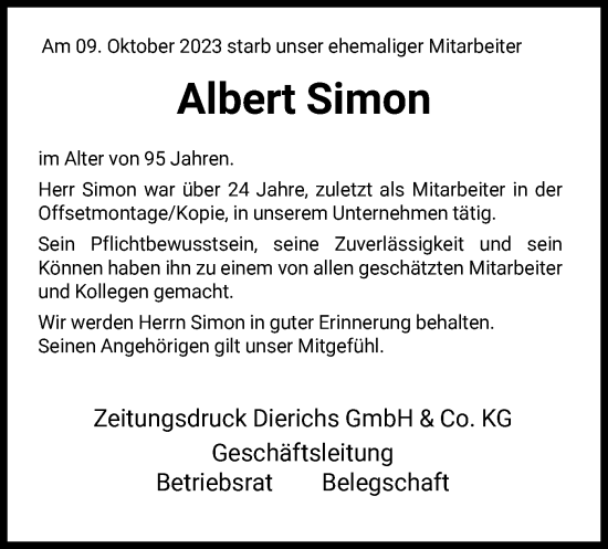 Todesanzeige von Albert Simon von HNA