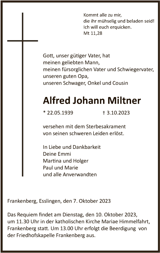 Todesanzeige von Alfred Johann Miltner von HNAWLZ