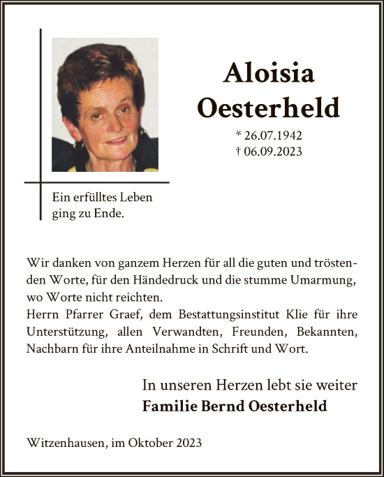 Todesanzeige von Aloisia Oesterheld von HNA