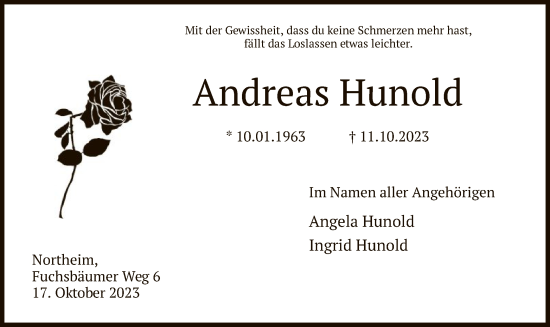 Todesanzeige von Andreas Hunold von HNA