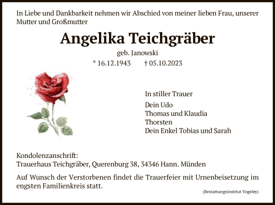 Todesanzeige von Angelika Teichgräber von HNA