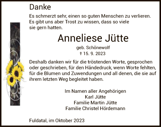 Todesanzeige von Anneliese Jütte von HNA