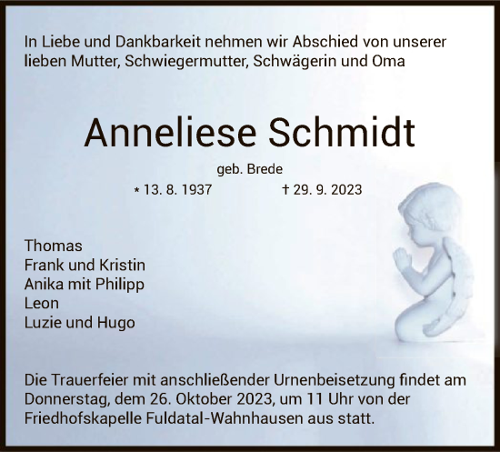 Todesanzeige von Anneliese Schmidt von HNA
