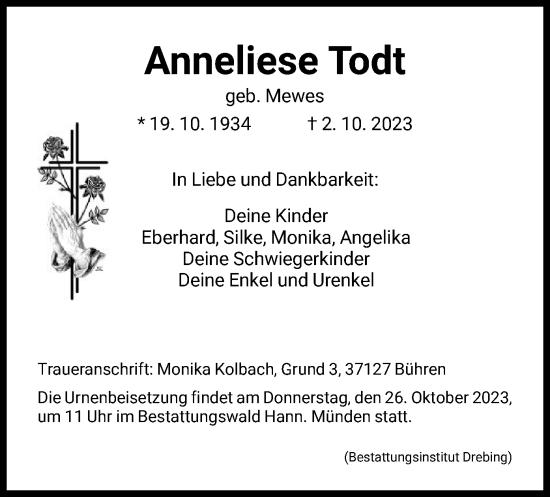 Todesanzeige von Anneliese Todt von HNA