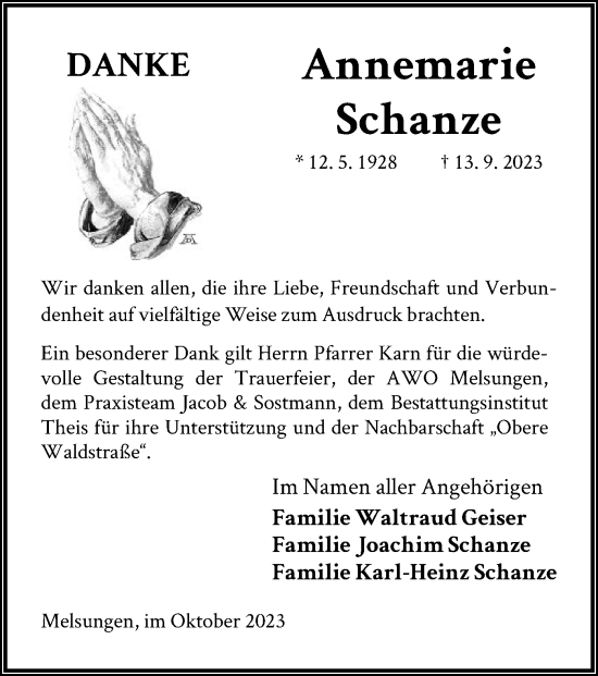 Todesanzeige von Annemarie Schanze von HNA