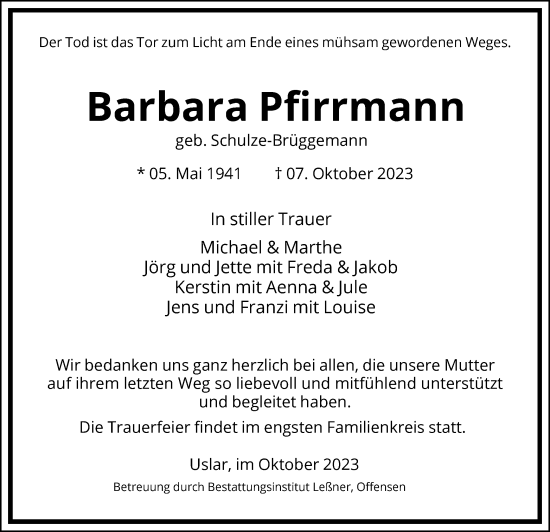 Todesanzeige von Barbara Pfirrmann von HNA