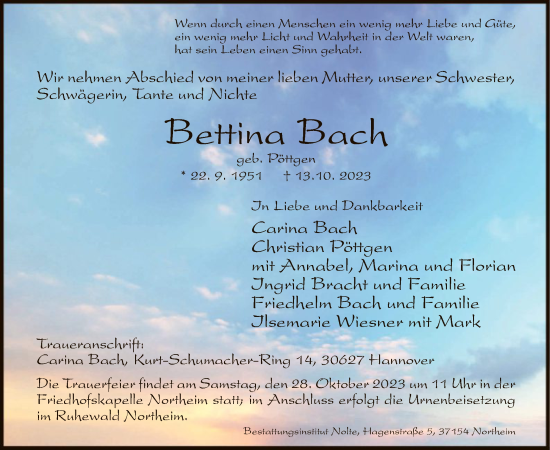 Todesanzeige von Bettina Bach von HNA