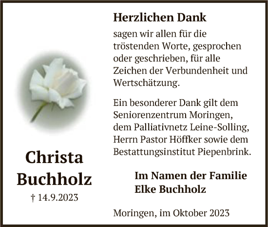 Todesanzeige von Christa Buchholz von HNA