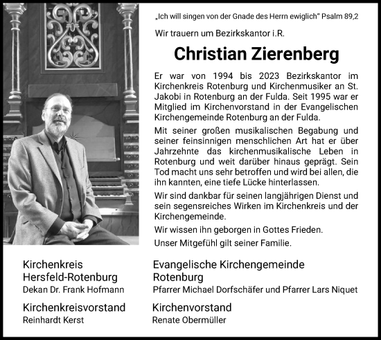 Todesanzeige von Christian Zierenberg von HNA