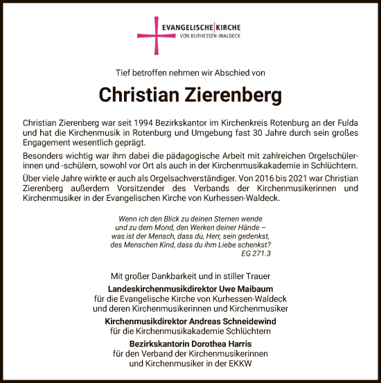Todesanzeige von Christian Zierenberg von HNA