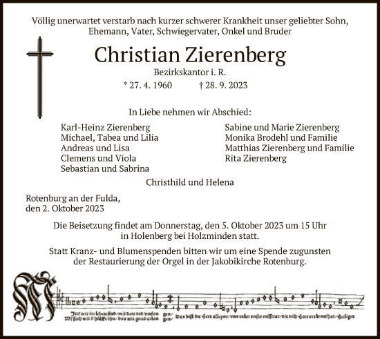 Todesanzeige von Christian Zierenberg von HNA