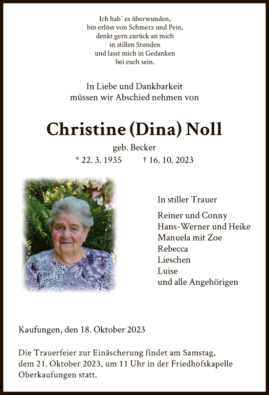 Todesanzeige von Christine Christine von HNA