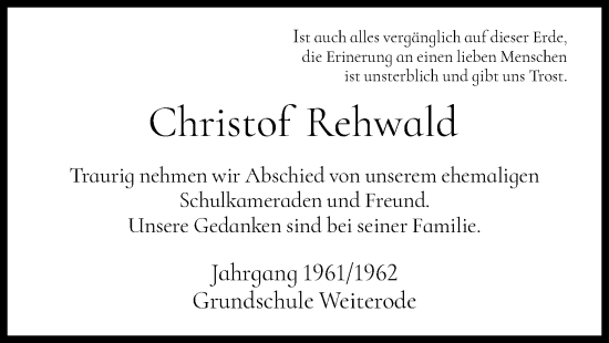 Todesanzeige von Christof Rehwald von HNA