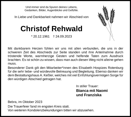 Todesanzeige von Christof Rehwald von HNA