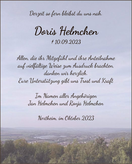Todesanzeige von Doris Helmchen von HNA